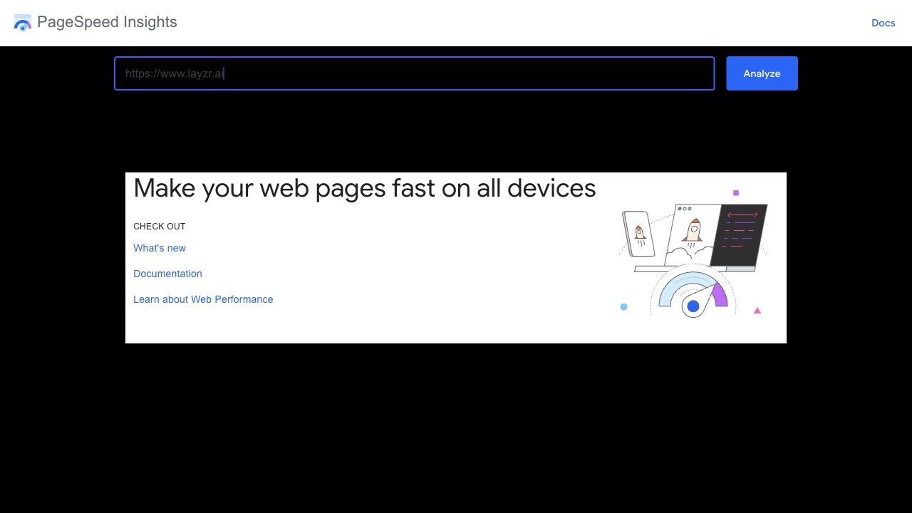 PageSpeed Insights home screen with a URL entered and the Analyze button visible