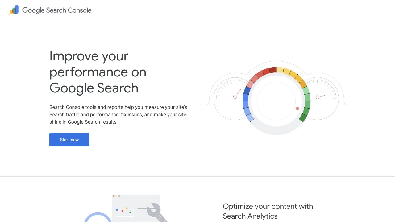 Google Search Console start page with the Start now button